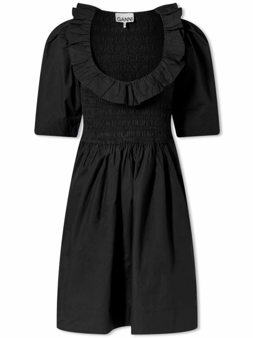 Ganni Black Ruffle-Scoop Smocked Mini Dress